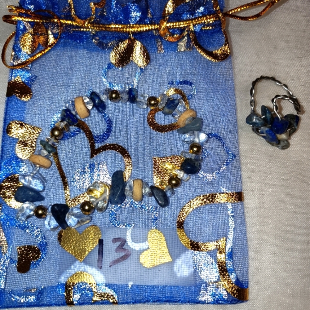 Lapus lazuli crystal beaded bracelet/wire ring set